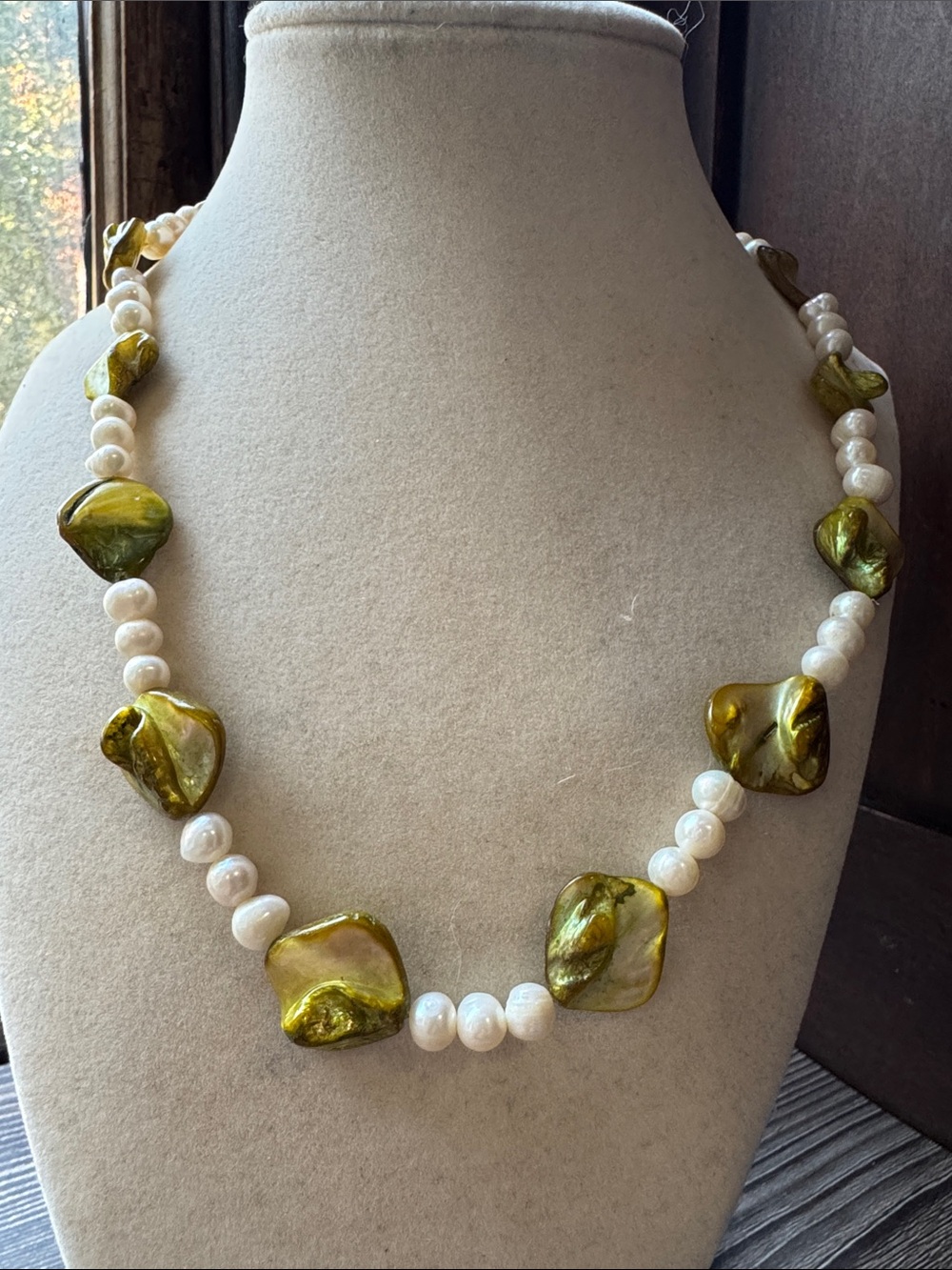 Olive Green Pearl-Accent Statement Necklace